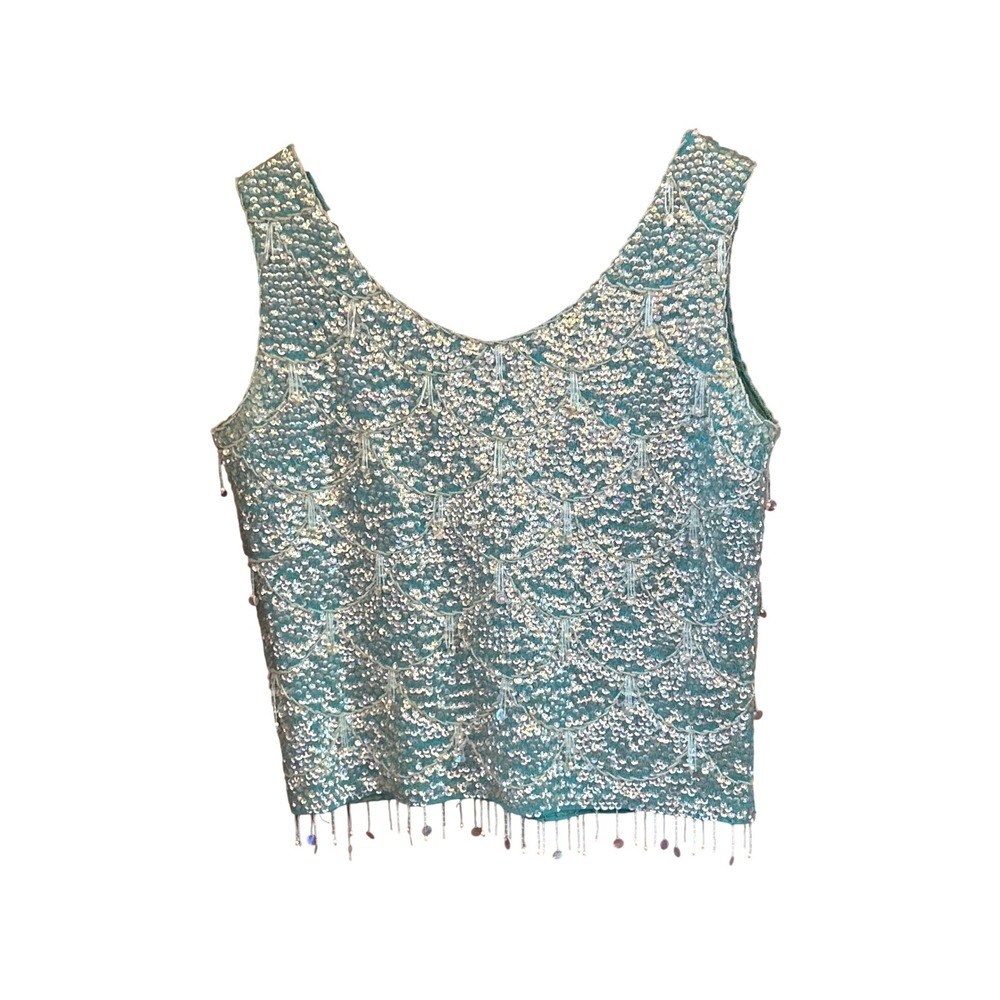60s Vintage Unbranded Sequin Wool Top Mermaidcore Glam Disco Turquoise Teal